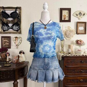 90's boho whimsical sheer mesh blue tie dye crop top